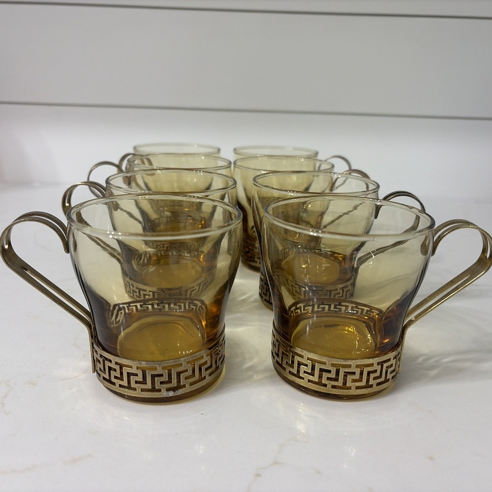 Vintage Libbey Amber Glass Coffee Cups With Greek Key Metal Handles Set of 9